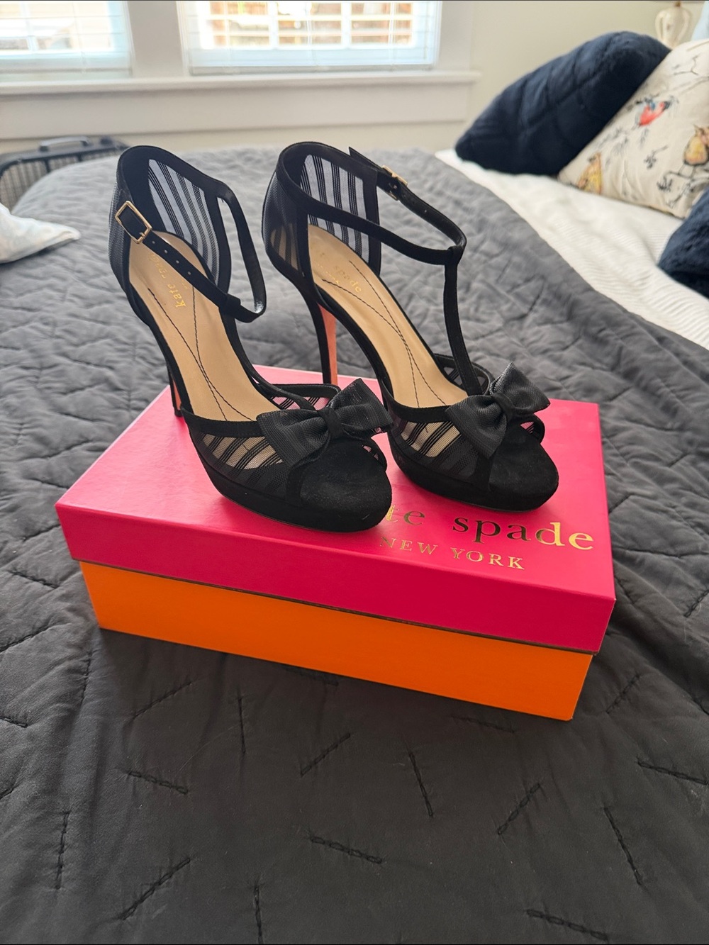 kate spade Black Mesh T-Strap Heels with Bow